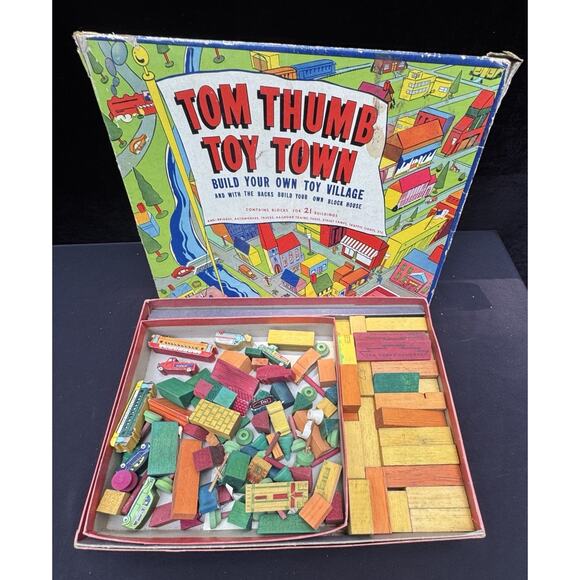 1937 TOM THUMB TOY TOWN Transogram Gold Medal toy wooden blocks buildings car - Picture 7 of 11